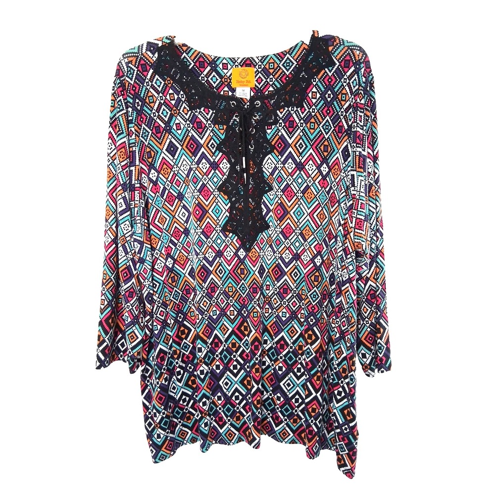 Ruby Rd Geo Print Tunic‎ Top Womens Size 1X Crochet Trim Lace Up Detail Artsy